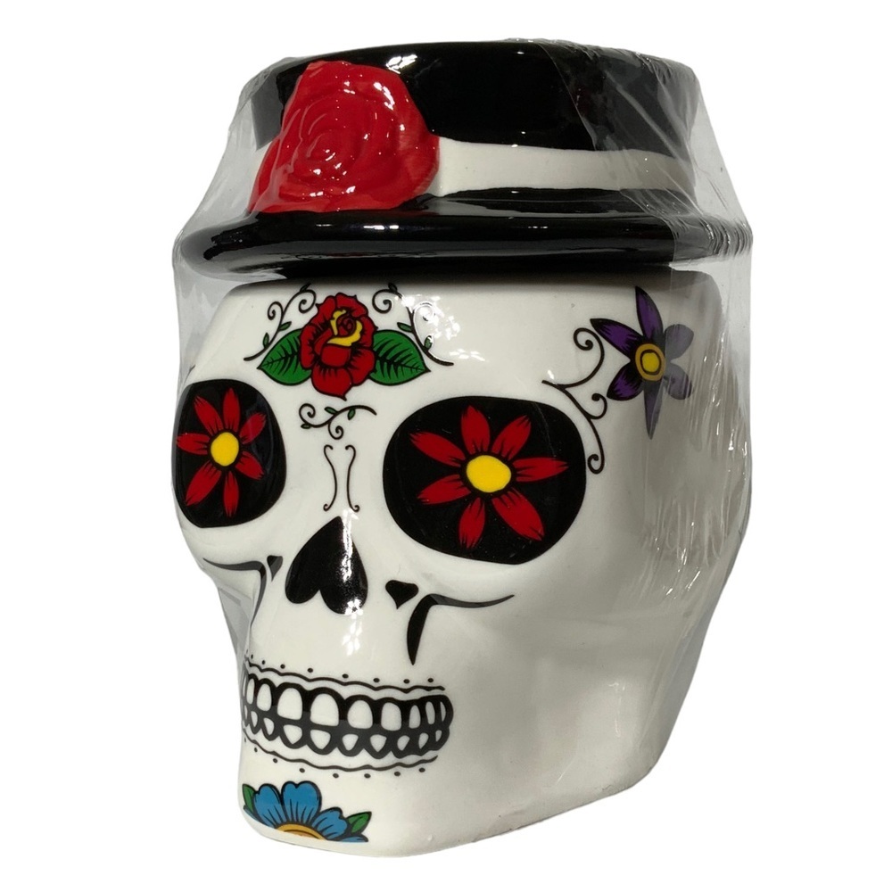 Canister Jar Sugar Skull Ceramic Hand Painted With Lid Colorful Multicolor White